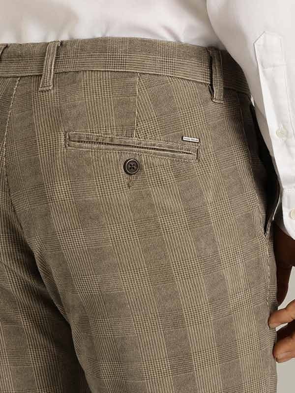 Indian Terrain Men's Slim Fit Checkered Beige Trousers